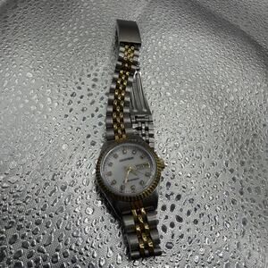 Womens Armitron Crystal Dress Watch 75-2475BTT Silver/Gold Coin Edge Bezel 24mm
